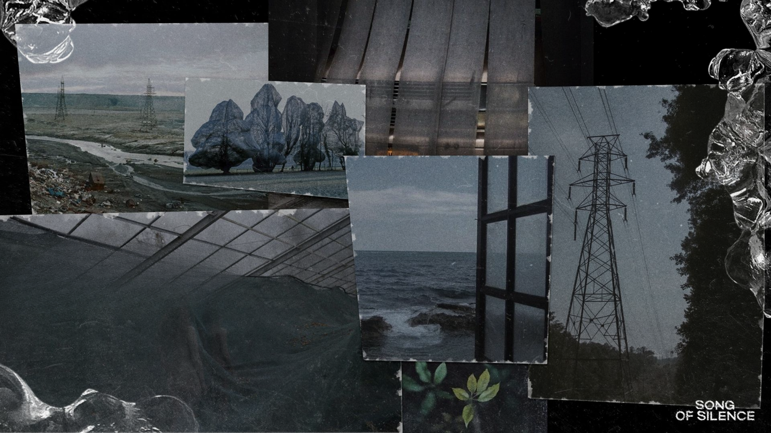 A collage of images related to silence and nature, including power lines, a beach, trees, a river, and a dark overcast sky, with the text "SONG OF SILENCE" in the bottom right corner.