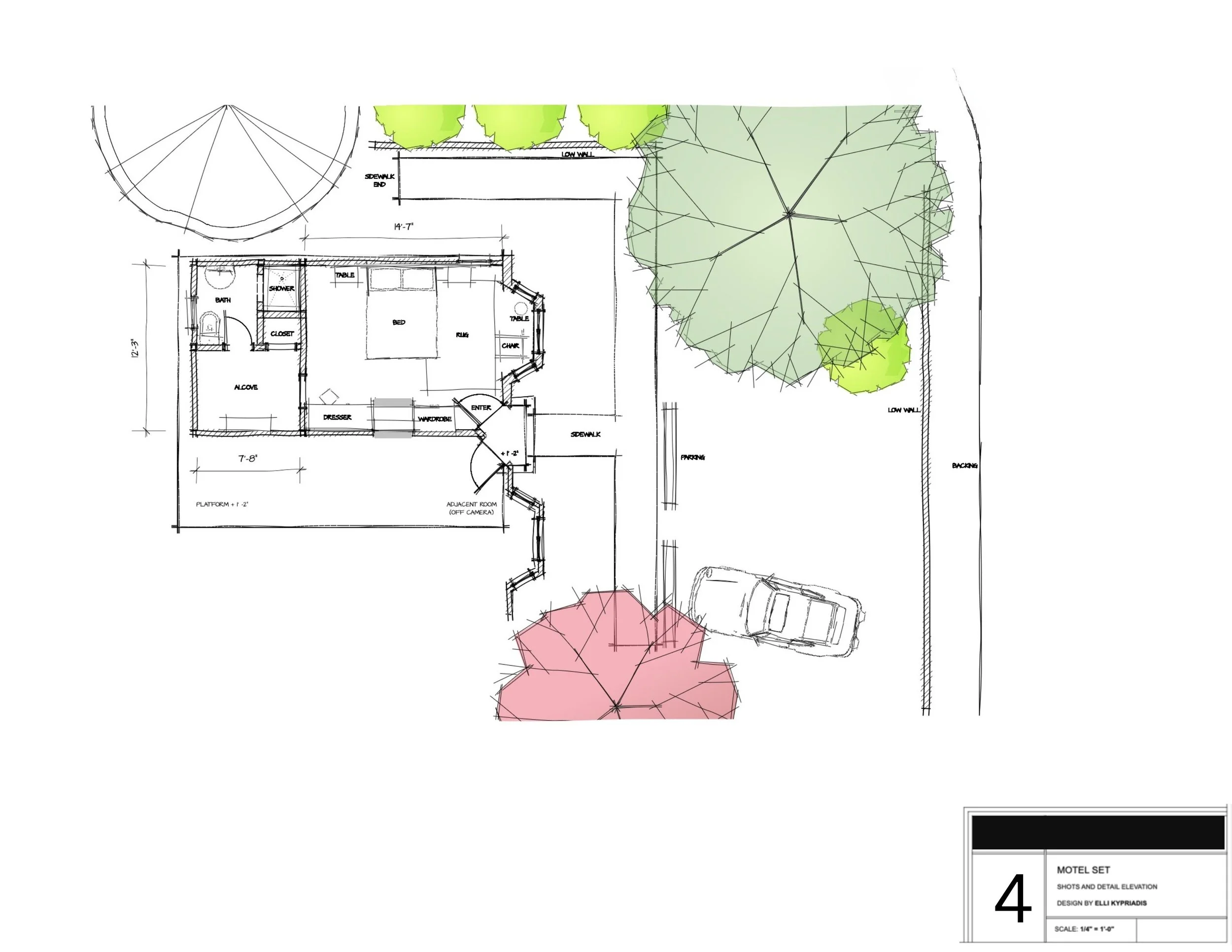 Architectural blueprint of a motel set with outdoor landscaping, including trees, a car, and patio areas, with detailed floor plan and measurements.