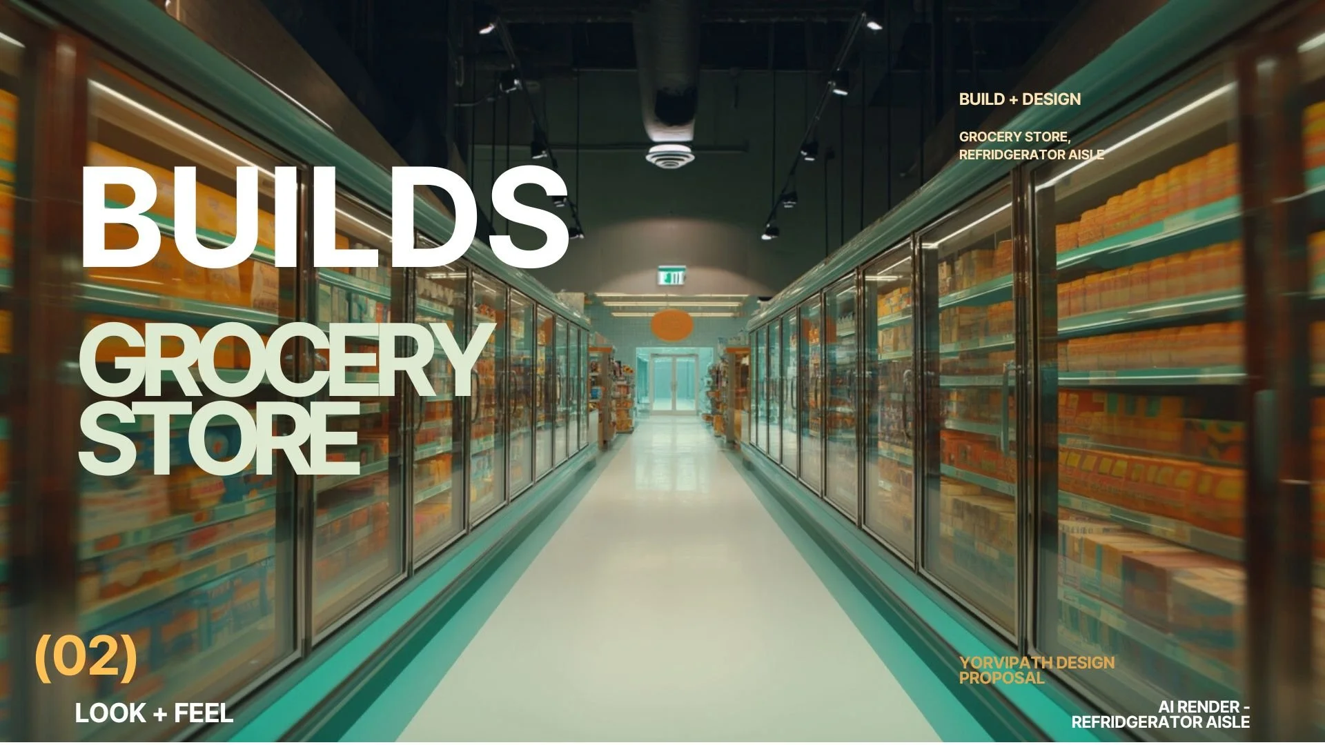 Interior view of a grocery store aisle with glass refrigerated display cases on both sides, stocked with various products. Text overlay reads 'Builds Grocery Store' and smaller text indicates 'BUILD + DESIGN', 'GROCERY STORE, REFRIGERATOR AISLE', 'LOOK + FEEL', and 'AI RENDER - REFRIGERATOR AISLE'.