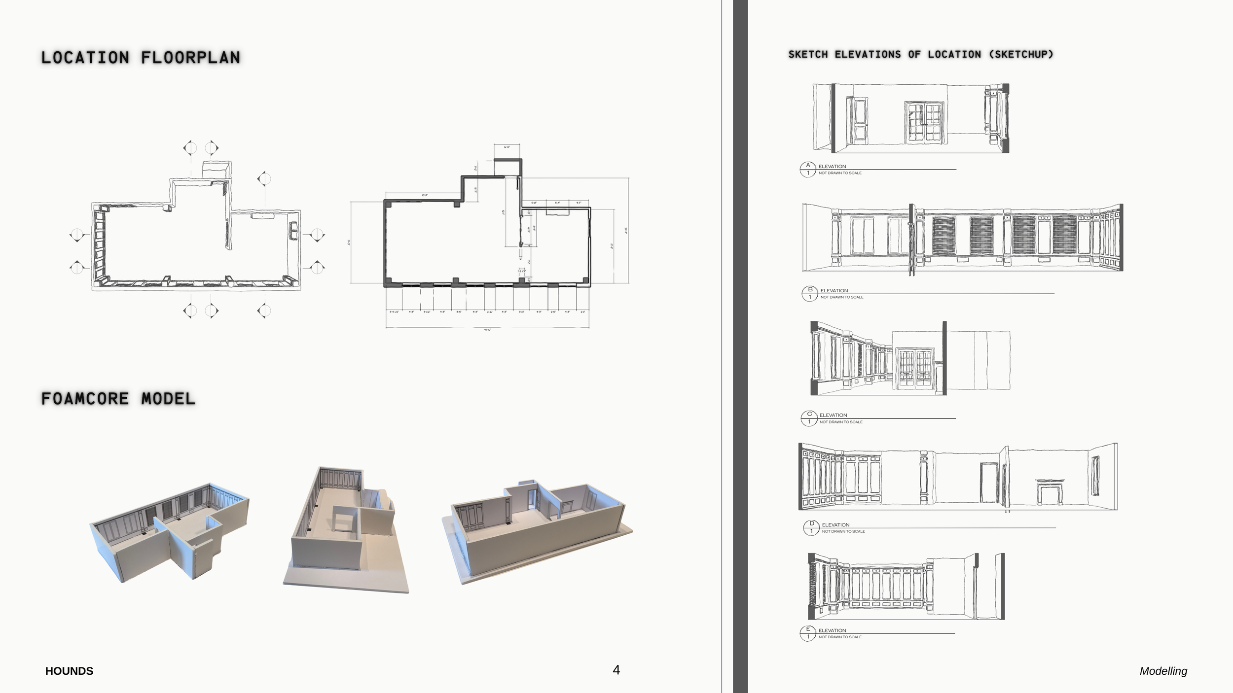 Architectural drawings of a building, including floor plans, elevation sketches, and 3D foamcore models, with labels such as 'Location Floorplan' and 'Foamcore Model'.