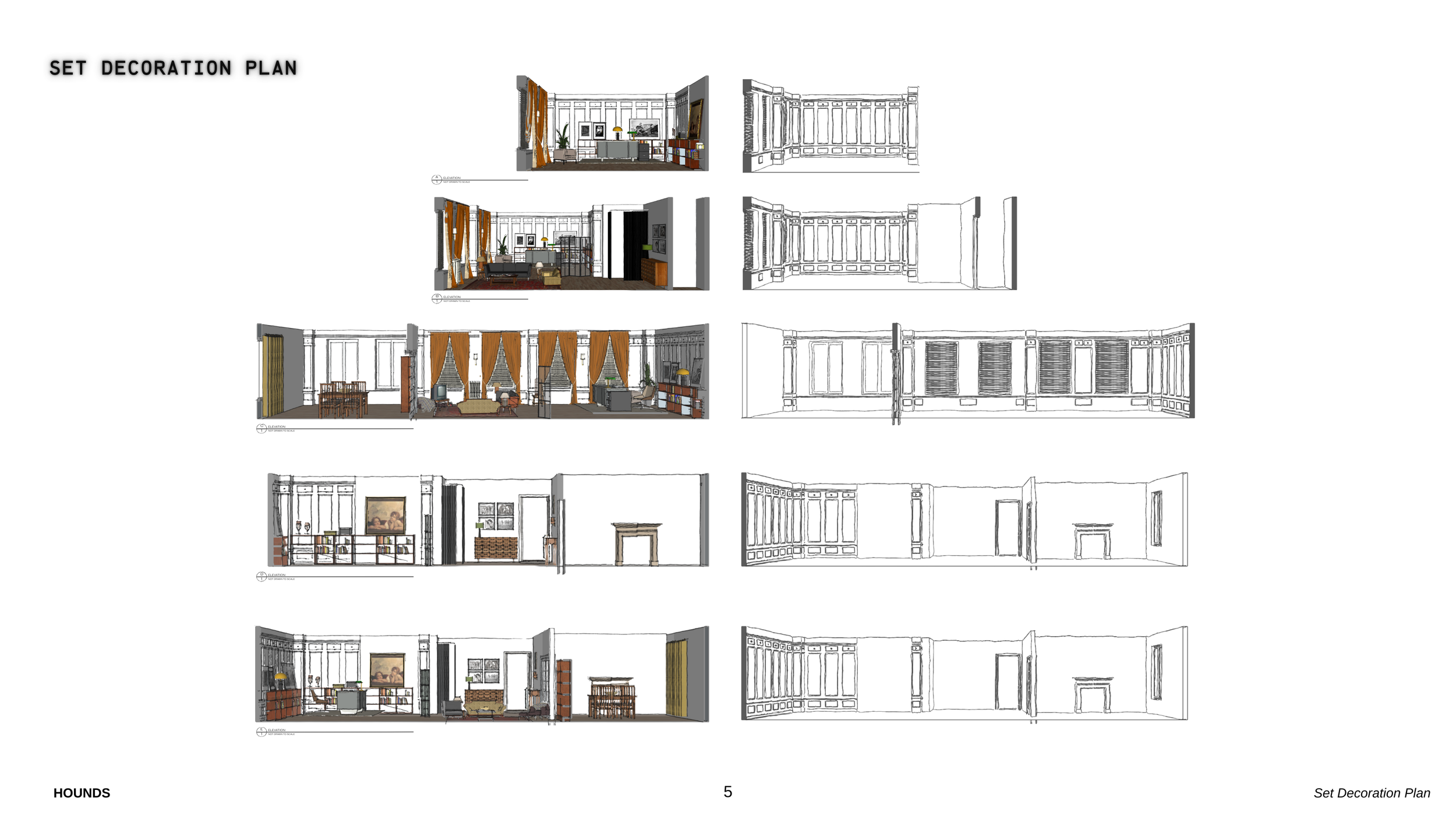 Set decoration plan with four room layouts in color and black-and-white sketches, showcasing interior design details.