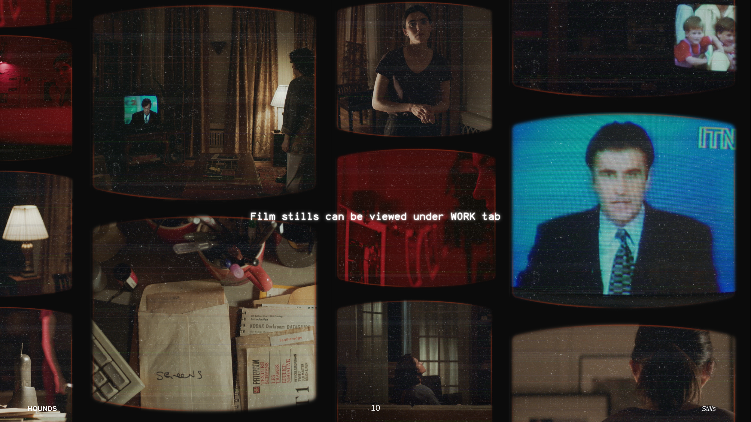 A collage of vintage television screens displaying people and scenes, with a note that film stills can be viewed under the WORK tab.