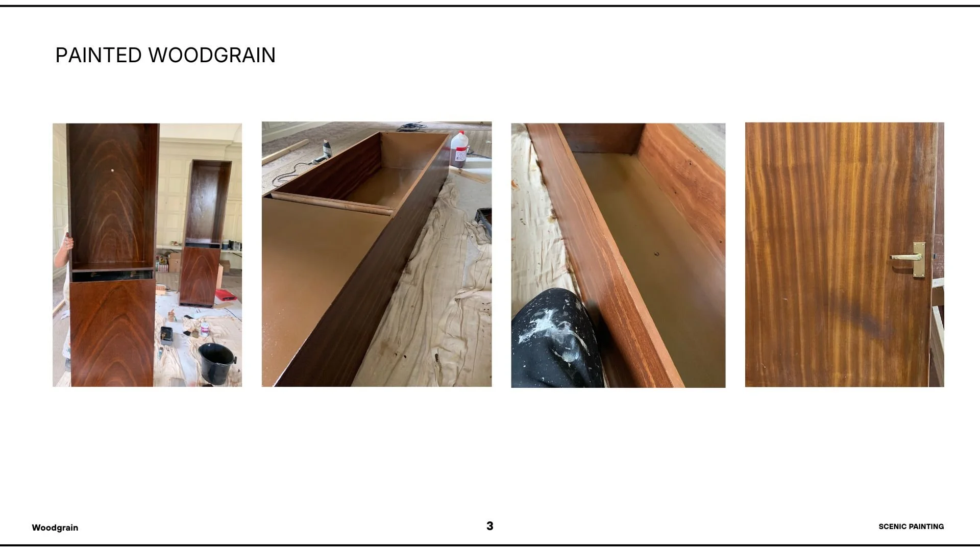 Photo collage showing the process of painting or refinishing a wooden piece of furniture, including a large wooden panel, a partially painted wooden frame, a close-up of painted wood with visible grain, and a finished wooden door.