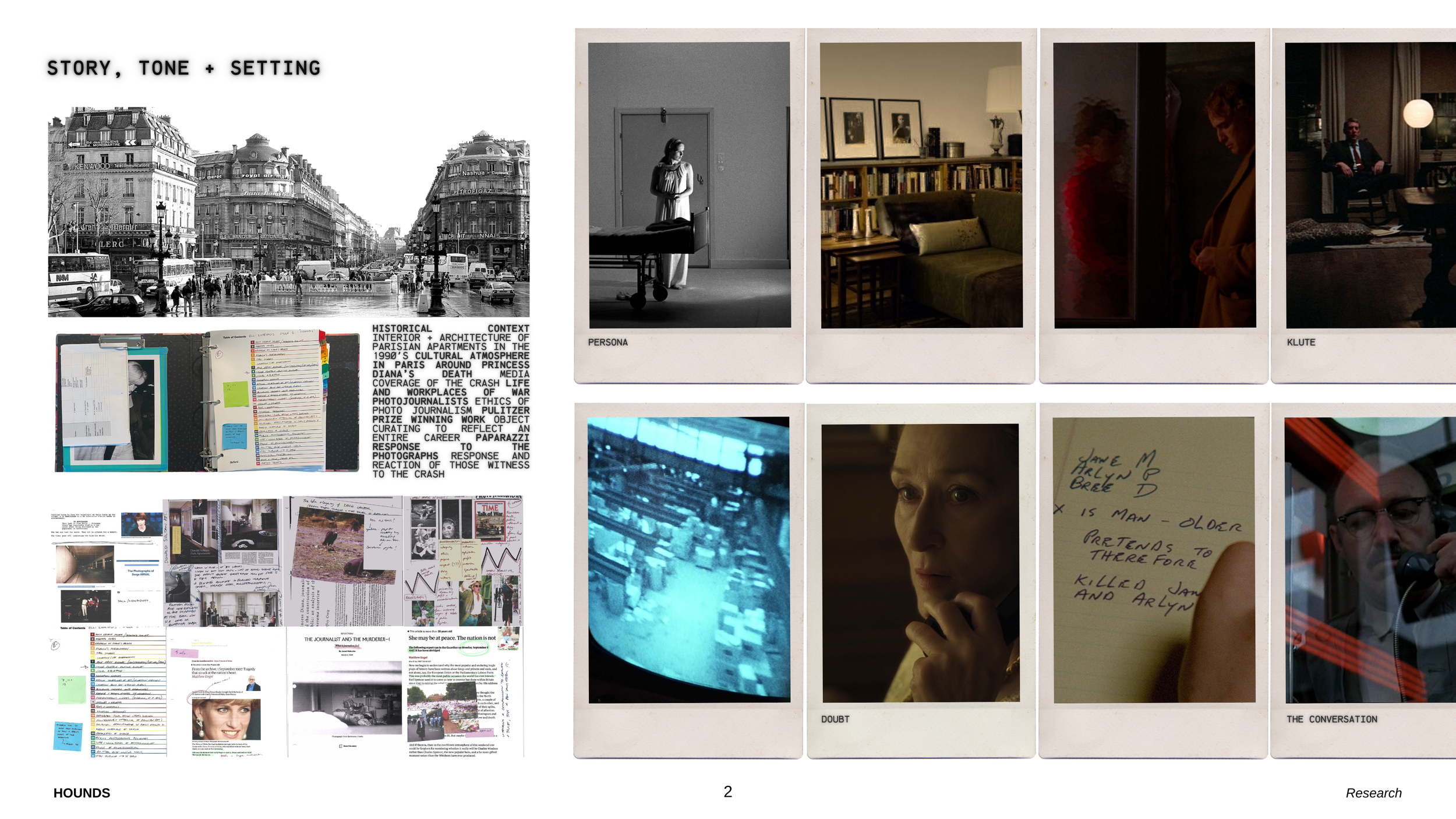 A collage of photographs and handwritten notes with a black and white cityscape at the top left, various scenes from films or life moments, and handwritten texts documents, including a photo of a woman in a white dress with a luggage cart, a person s