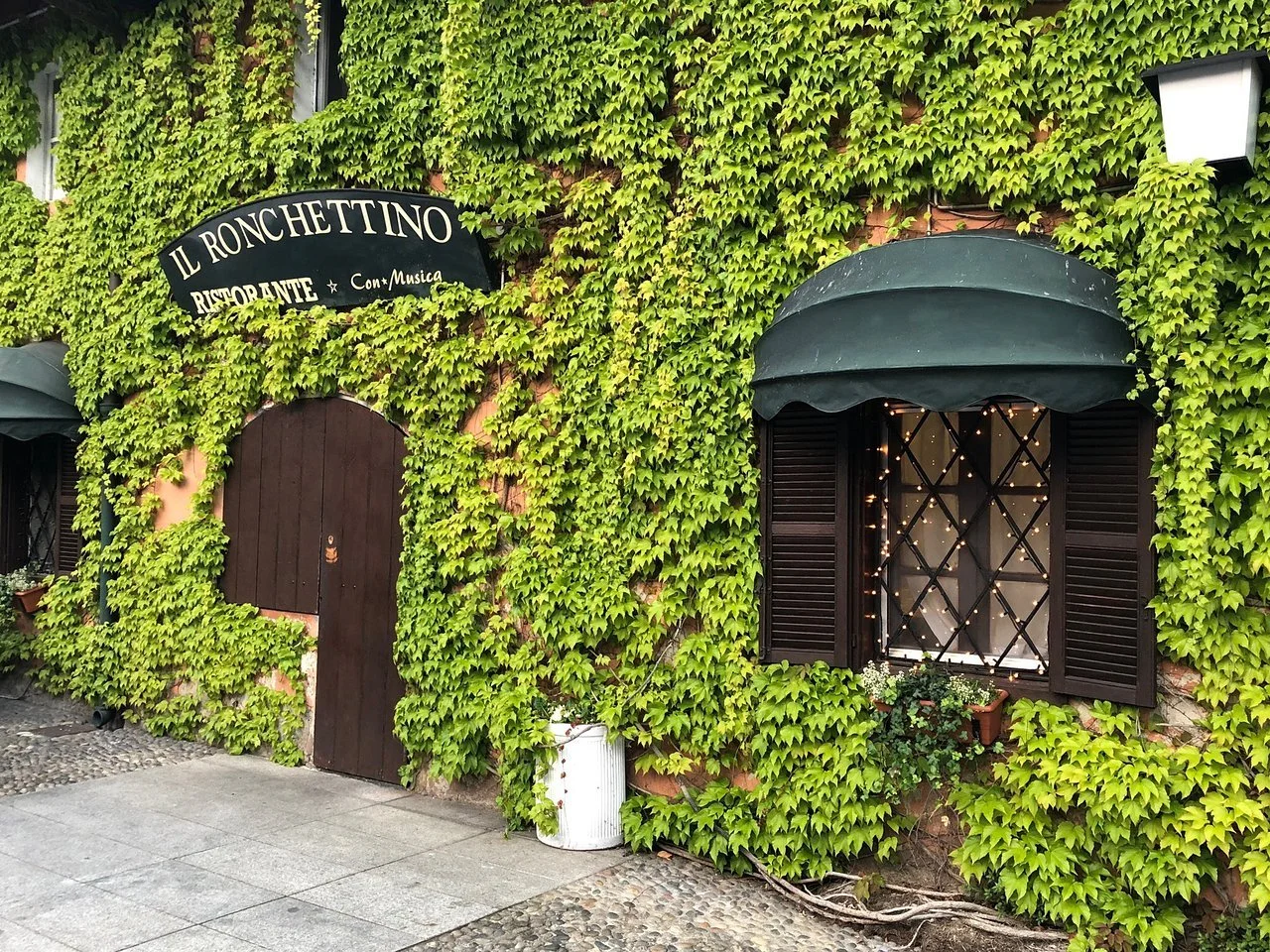Facciata di un ristorante chiamato 'Il Ronchettino' coperta di foglie verdi con una finestra decorata con luci e una porta d'ingresso in legno, decorata con piante.