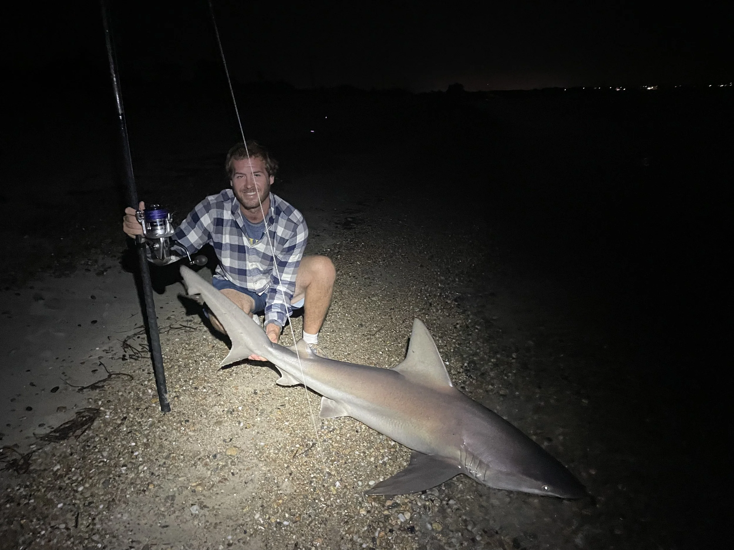 A man kneeling on a beach at night, holding a fishing rod and a large shark he caught, illuminated by a flashlight with a dark sky in the background.