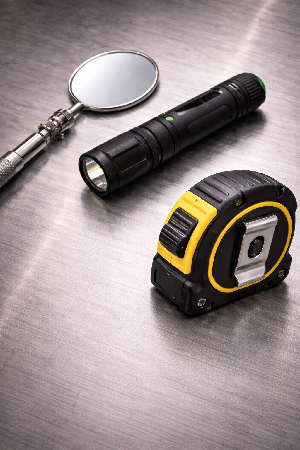 A black flashlight, a yellow and black tape measure, a silver mirror with a handle, all placed on a metallic surface.