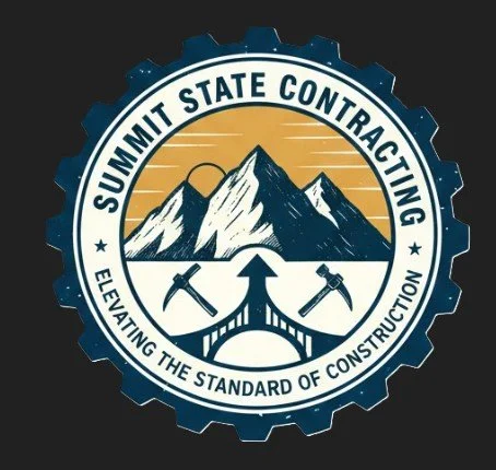 Logo for Summit State Contracting featuring mountains, hammers, and an upward arrow with the slogan 'Elevating the Standard of Construction'.