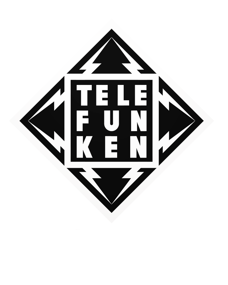 A black and white logo with the word 'TELFUNKEN' inside a diamond-shaped design with lightning bolt elements and a tree at the top.