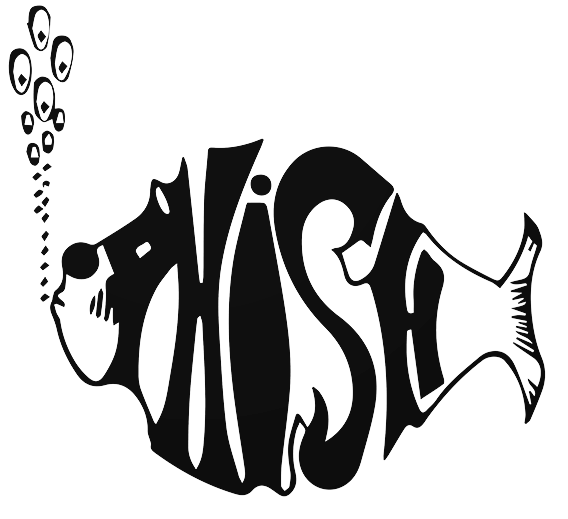 The word 'FISH' styled as a fish with a person's face blowing bubbles and the tail forming part of the text in black and white.