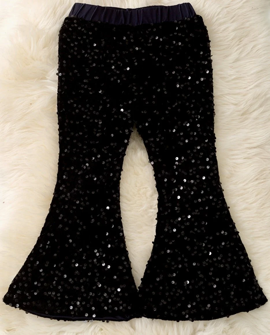 Black Sequin Bell-Bottom Pants