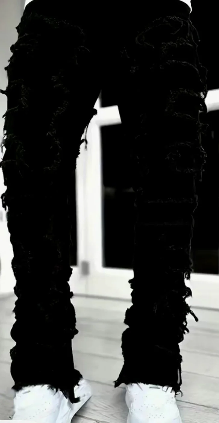 men's denim distressed stacked jeans