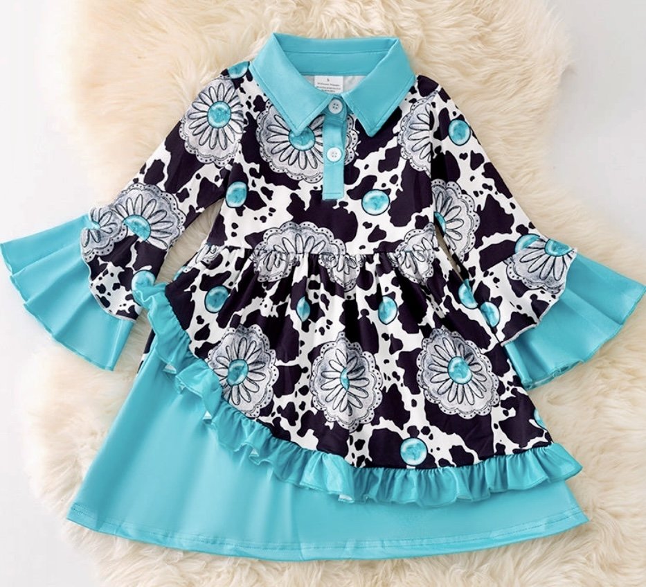 Cow Printed Top with Turquoise Floral Accent
