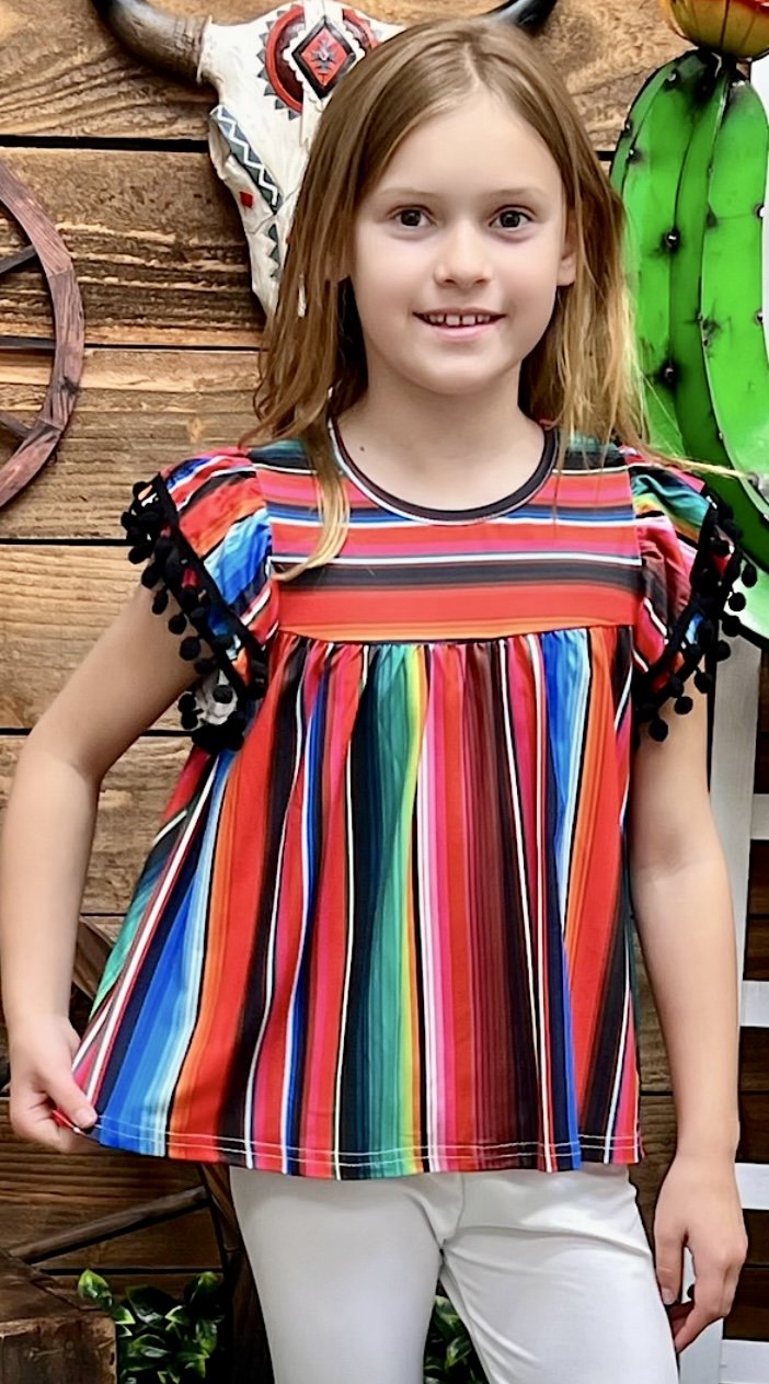 Colorful Striped Pom-Pom Sleeve Top