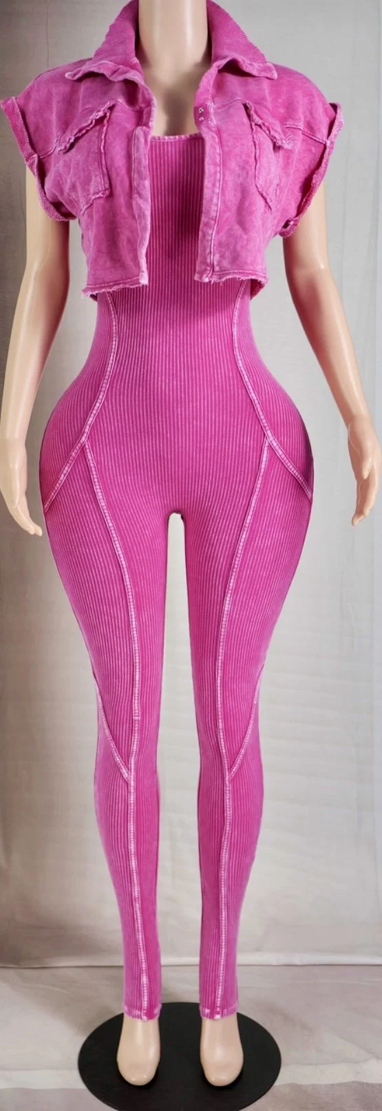 woman's mineral wash crop jacket and jumpsuit