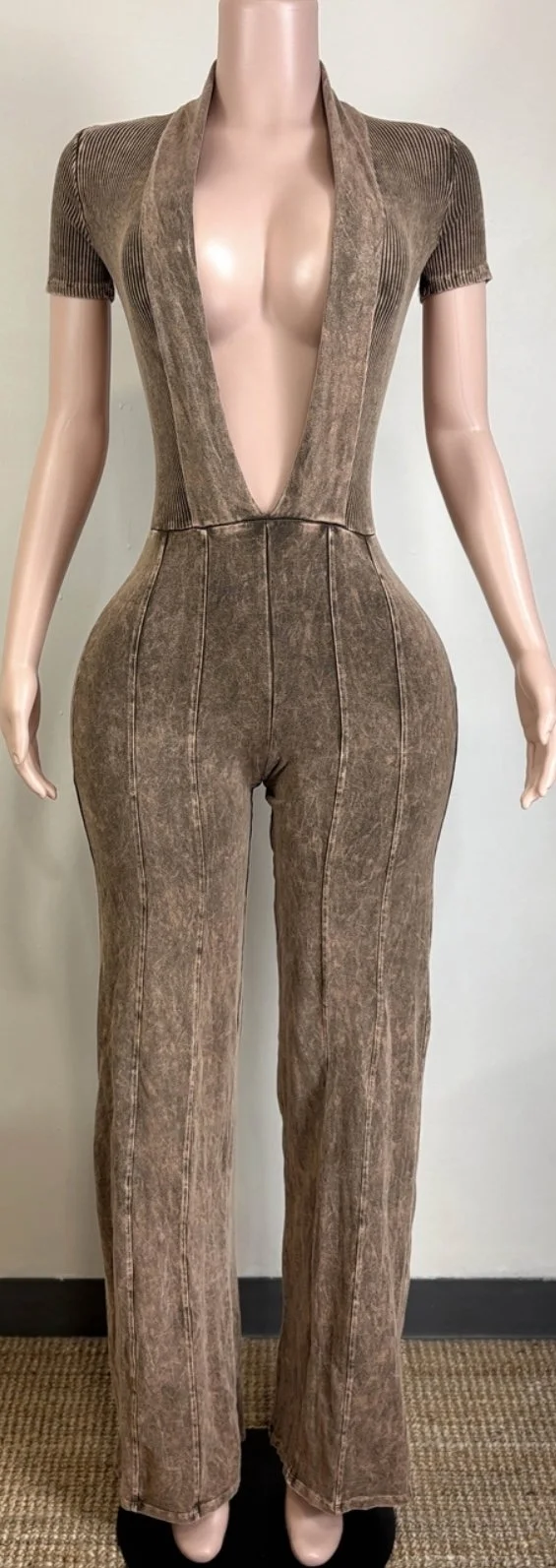 woman's mineral wash deep-v short sleeve jumpsuit