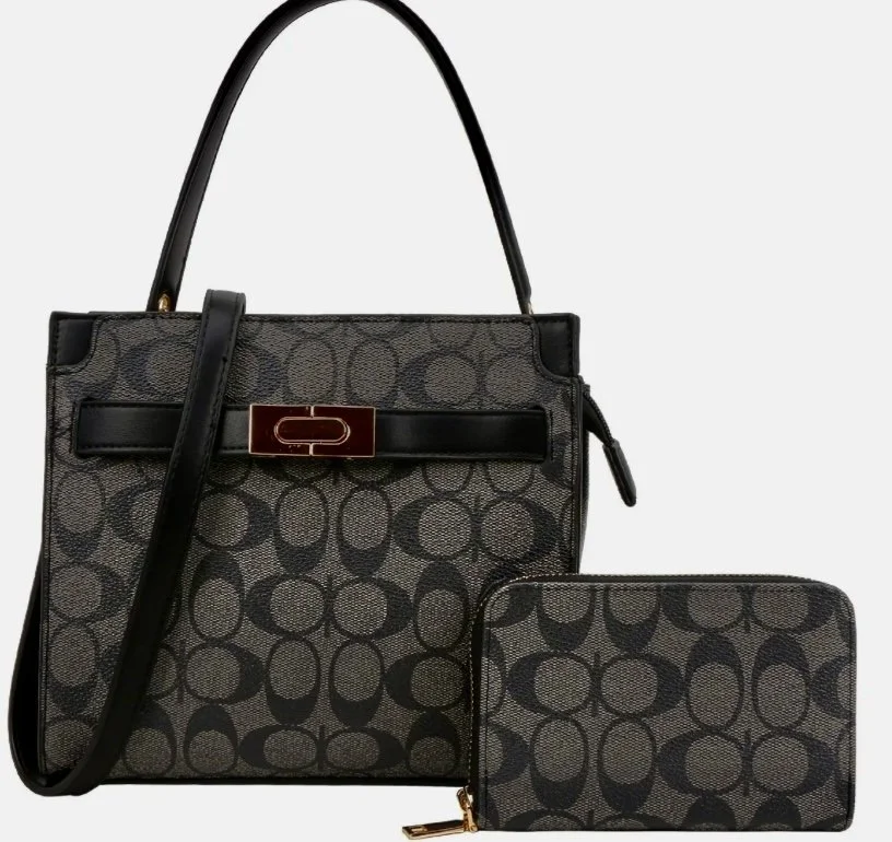 woman's patterned top handle tote bag w/matching zip wallet