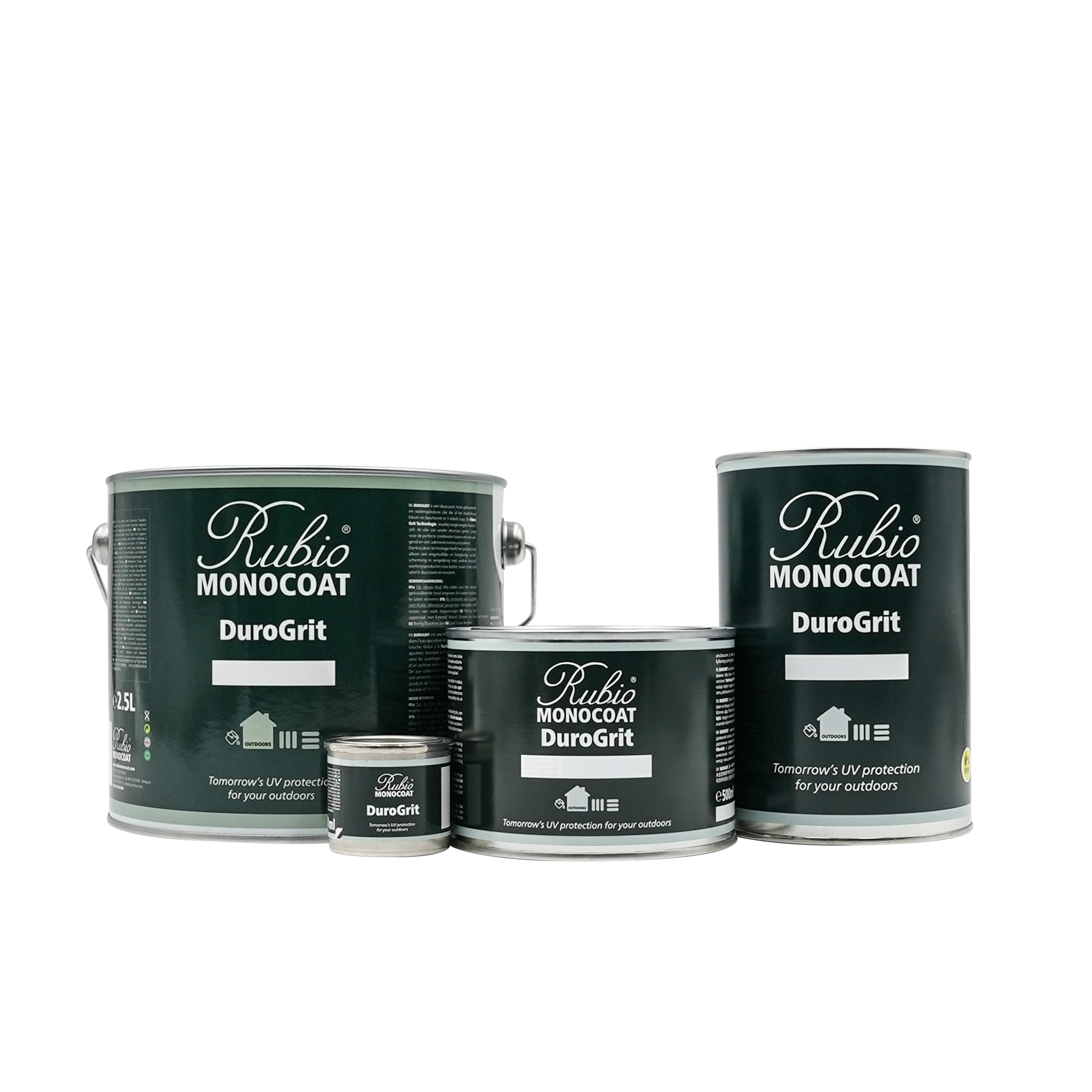 Différentes boîtes de peinture Rubio Monocoat DuroGrit de différentes tailles, avec un fond blanc.