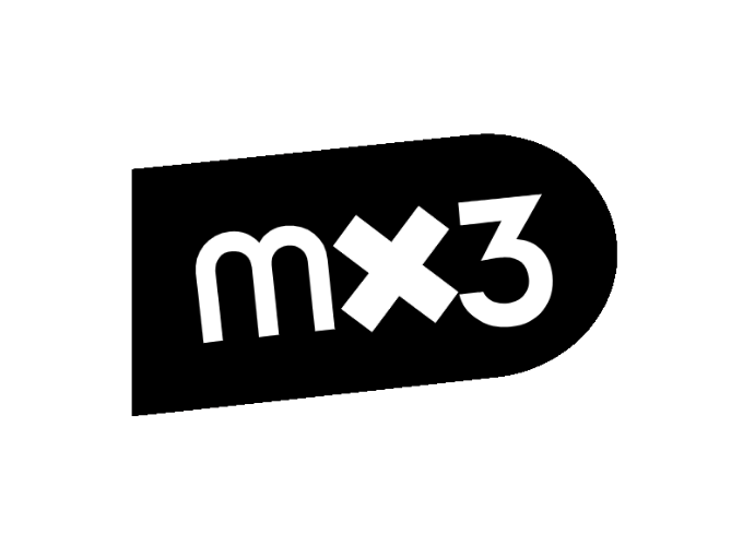 Logo avec le texte 'm x 3' en blanc sur fond noir, utilisation de polices amusantes et modernes.