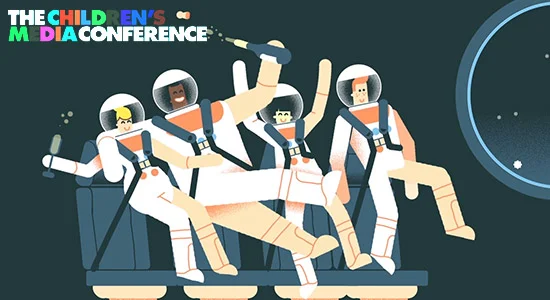 Four astronauts in suits sitting in a spaceship with a large window showing space, with the text 'The Children's Media Conference' above them.