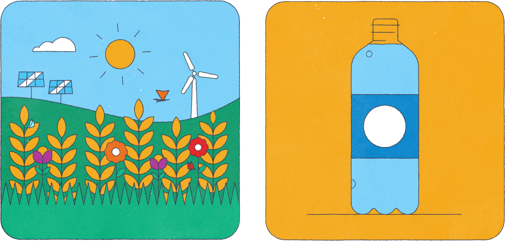 A colourful illustration of a water bottle and a summer scene, with solar panels and a wind turbine