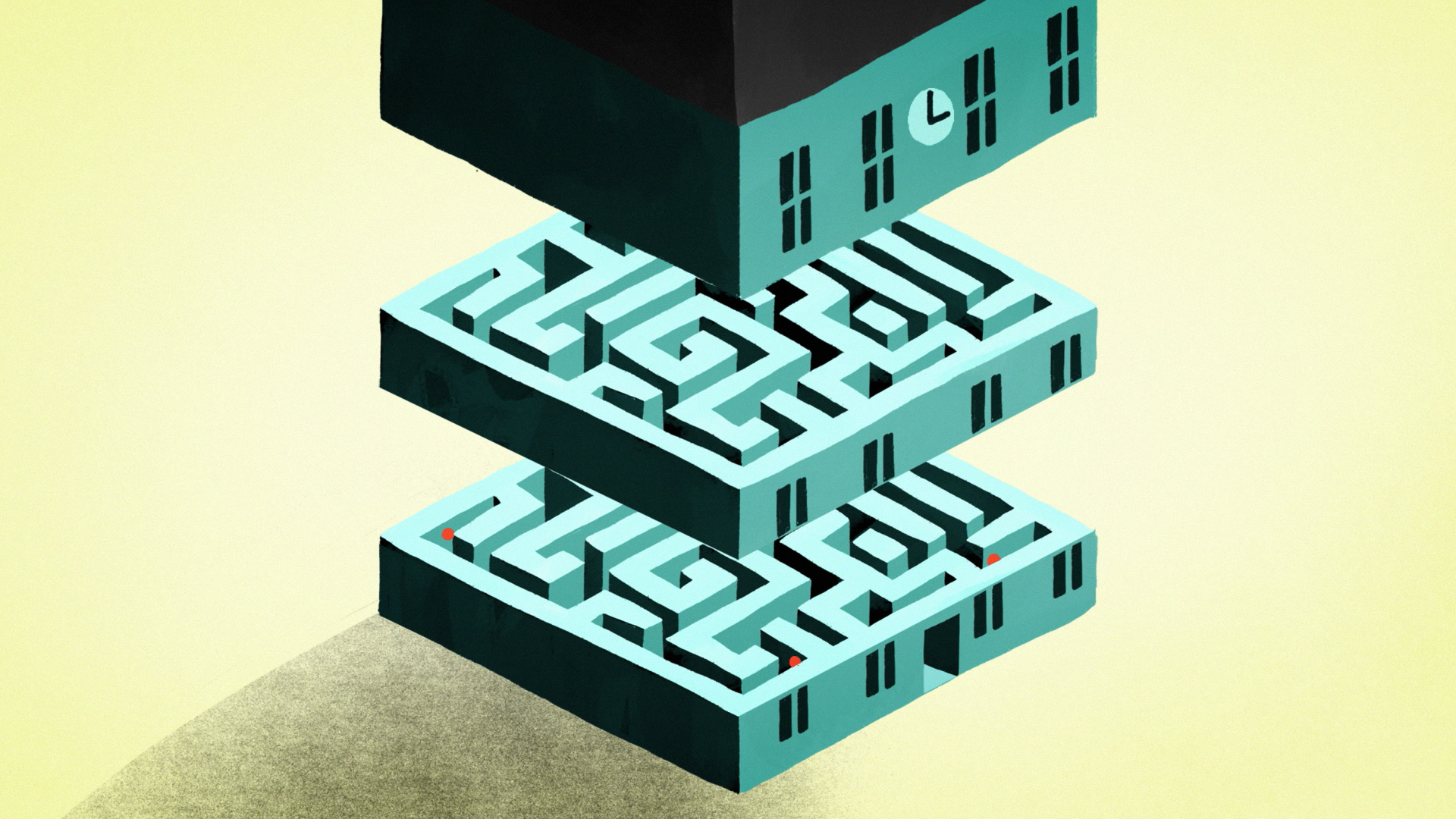 Three stacked platforms with maze-like patterns on each, a small building with a clock on the top platform, and shadows on a yellow background.