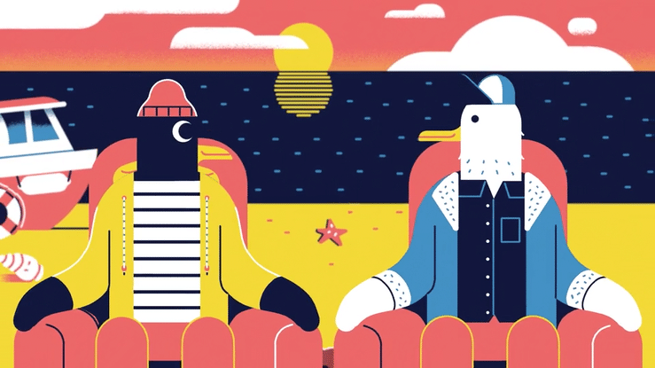 Stylized illustration of anthropomorphic characters with bird heads, sitting in chairs on a beach at sunset, with a boat in the water and the sun setting on the horizon.