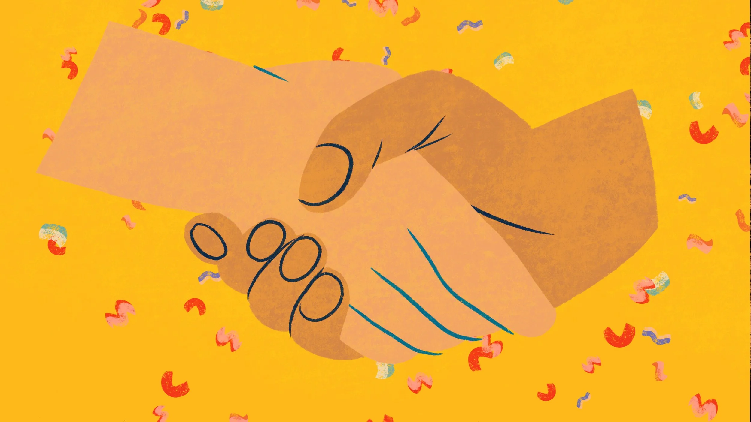 Two shaking hands on a yellow background.
