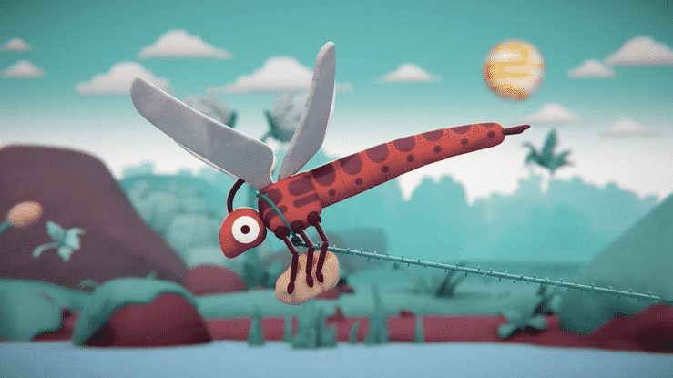 Animated clip of Big Lizard being dragged along by a giant dragonfly with a landscape of hills, trees, and a sun in the background.