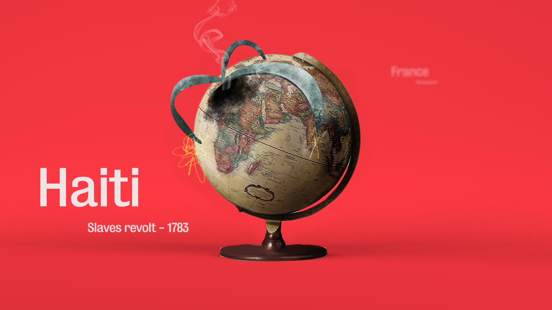An old-fashioned globe sits on a red background. Lines travel across it causing explosions and smoke. There's a title: Haiti: Slaves Revolt 1783