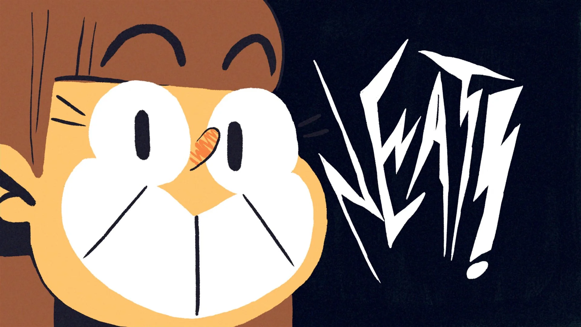 Illustration of a girl's smiling face and the word NEAT!
