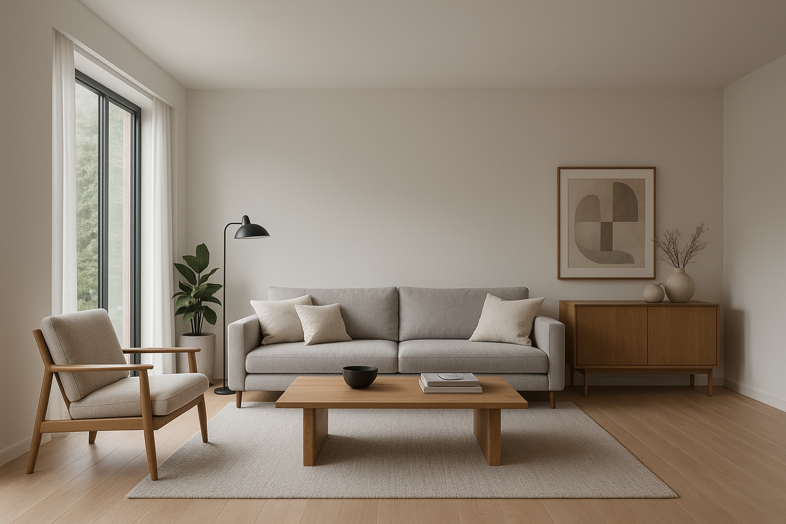 Salon minimaliste avec canapé en tissu gris clair, fauteuil en bois et tissu clair, table basse en bois, lampe noire, plantes vertes, décoration abstraite et vases dans le coin