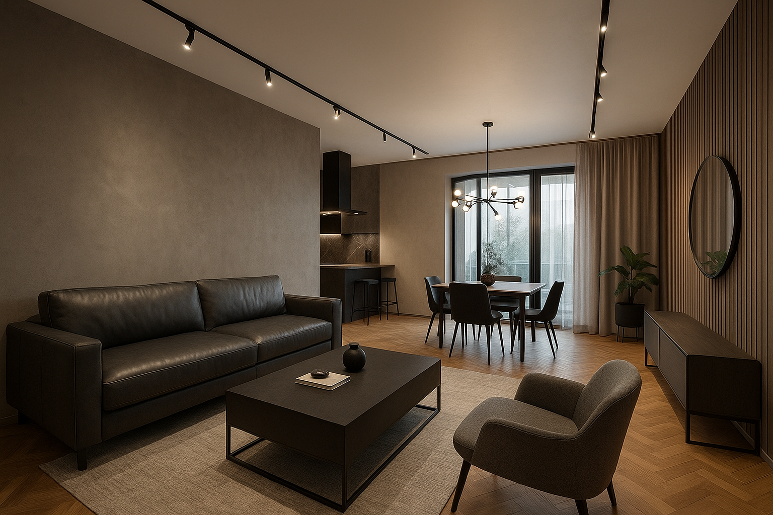 Salon moderne avec canapé en cuir noir, fauteuil gris, table basse noire, buffet violet foncé, décoration minimaliste, salle à manger avec table en bois et chaises noires, grand miroir rond, plantes vertes, grande fenêtre avec rideaux clairs, éclairage suspendu et spotlights