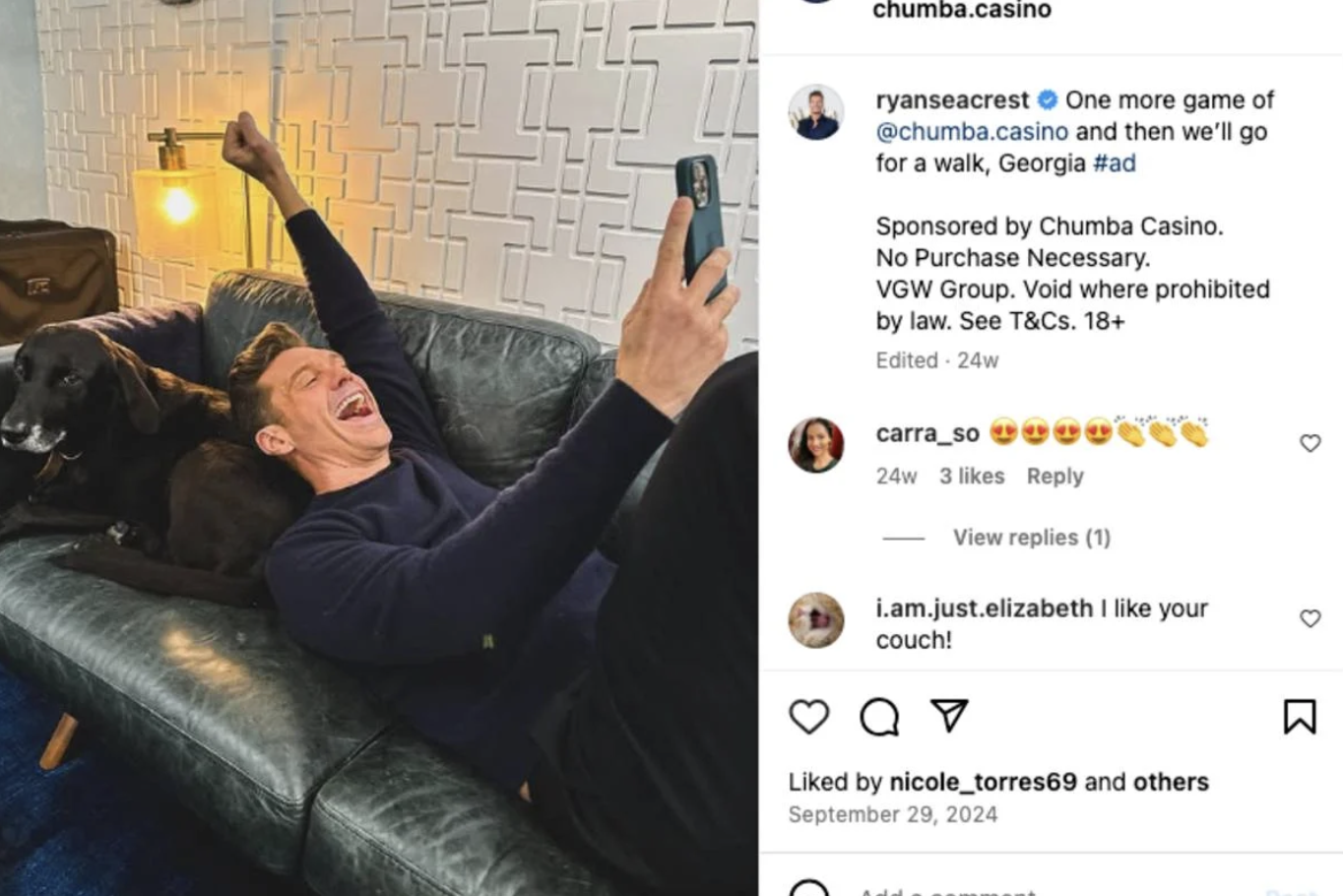 Screenshot of a Ryan Seacrest online casino paid ad