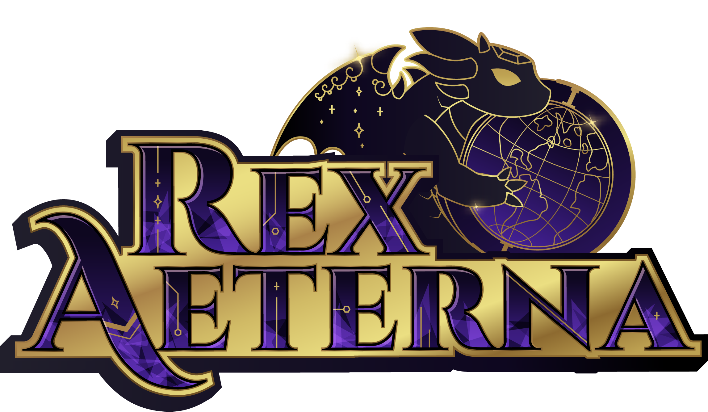 The Logo of Rex Aeterna, featuring the ornamental text of "REX AETERNA", and a baby dragon holding a globe.