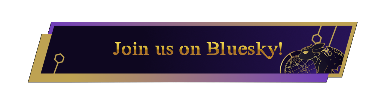 Banner with the text "Join us on Bluesky!" in gold on a dark purple background with gold trim and a graphical illustration.