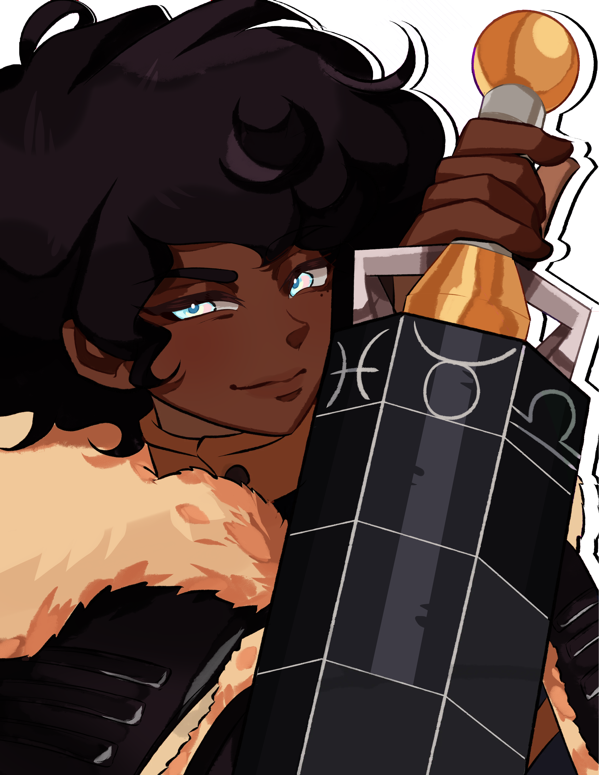 The character of Azrael, or Aeterna. He's holding his mace, coated with iridescent eyes.