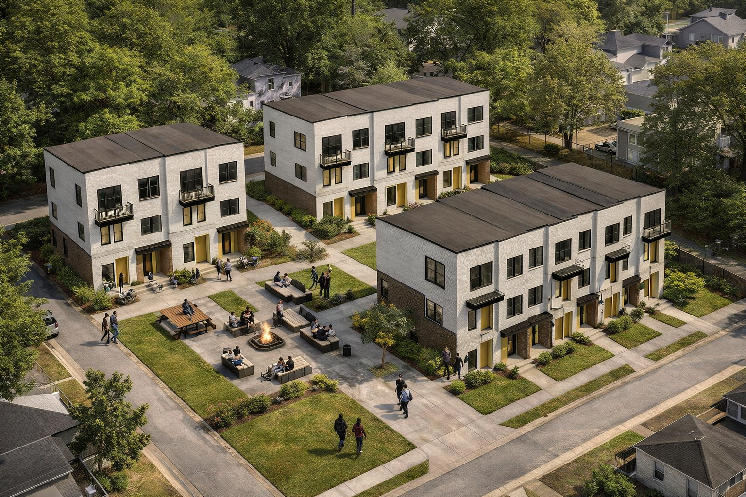 An aerial view of a residential apartment complex with three three-story buildings, a communal outdoor space with people, benches, a fire pit, and greenery, surrounded by trees and neighboring houses.