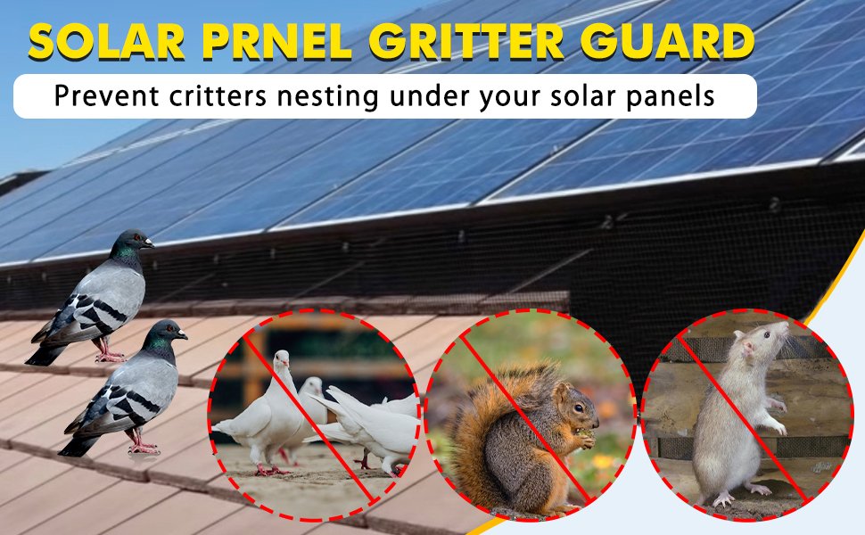 Sign titled 'Solar Panel Gritter Guard' showing a solar panel and three animal images with red prohibition symbols over them, including pigeons, geese, a squirrel, and a rat, indicating these critters should be kept away from the solar panels.