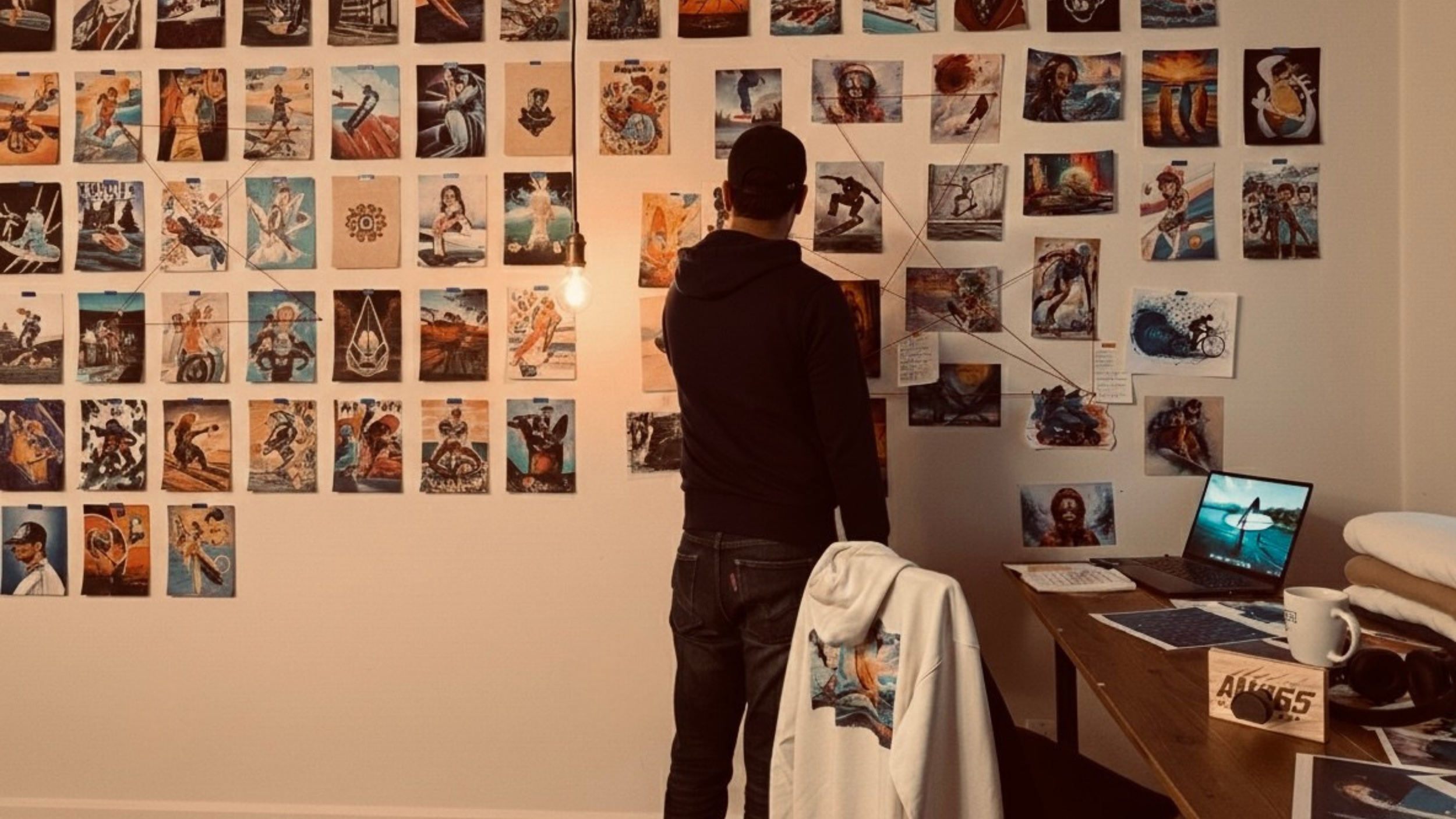 AM-365 founder reviewing original movement-inspired artwork for clothing designs.