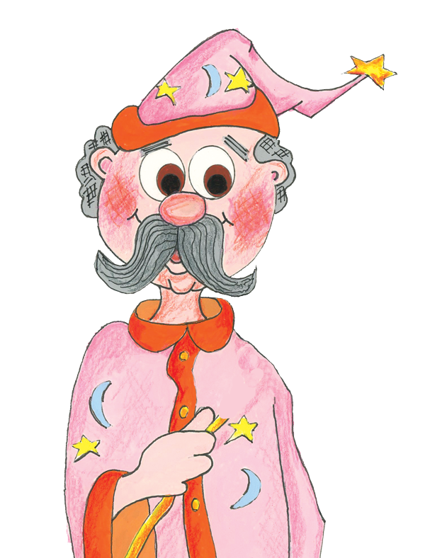 Drawing of a whimsical wizard character with a long gray mustache, wearing a pink hat with stars and moons, a matching pink robe, and holding a magic wand.