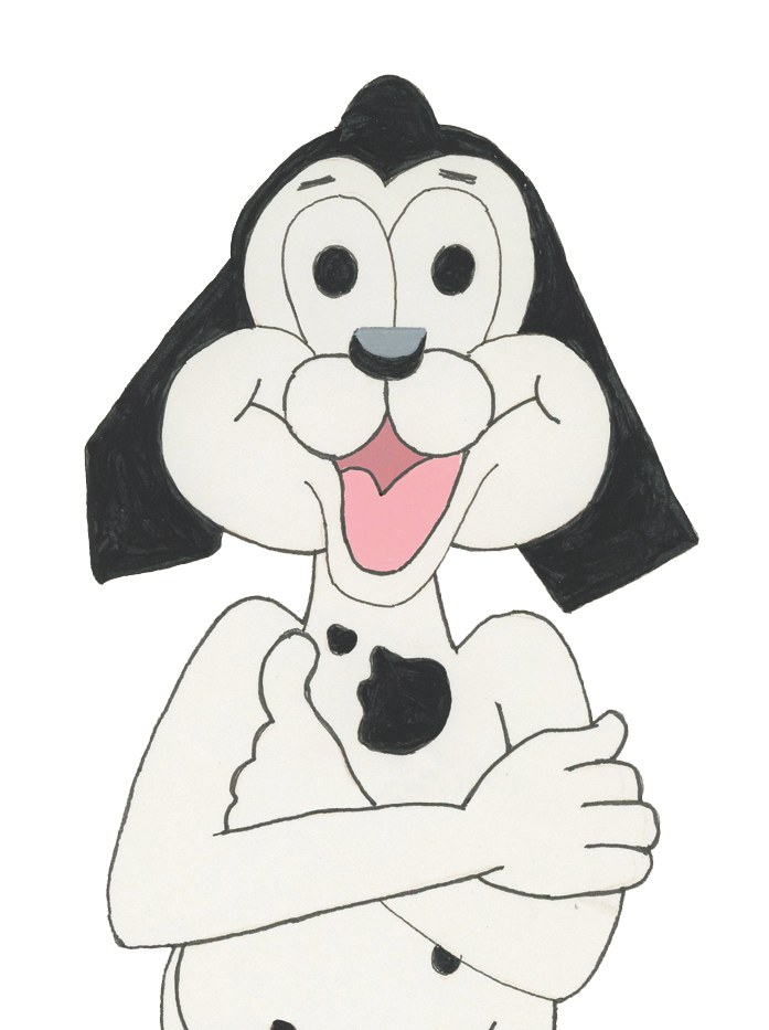 Drawing of a happy cartoon dog with black spots on a yellow background, with its eyes wide open and tongue out.