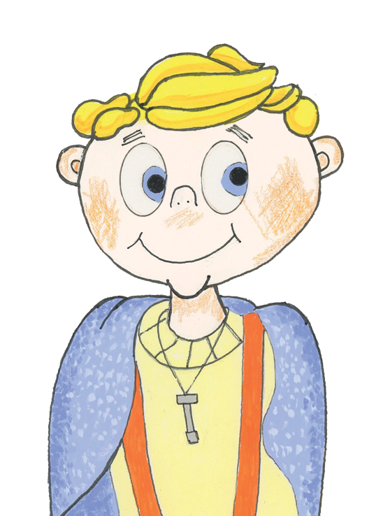 A drawing of Jamie, a young boy with blonde hair, big eyes, and freckles, wearing a yellow shirt, a blue blanket cape, and a chain with a key pendant.