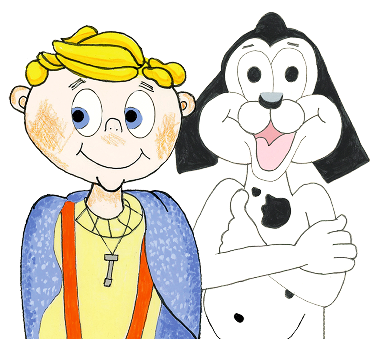 A drawing of Jamie, a young boy with blonde hair, big eyes, and freckles, standing next to Slurpo, a cheerful black and white cartoon dog with floppy ears and a pink tongue, both smiling.