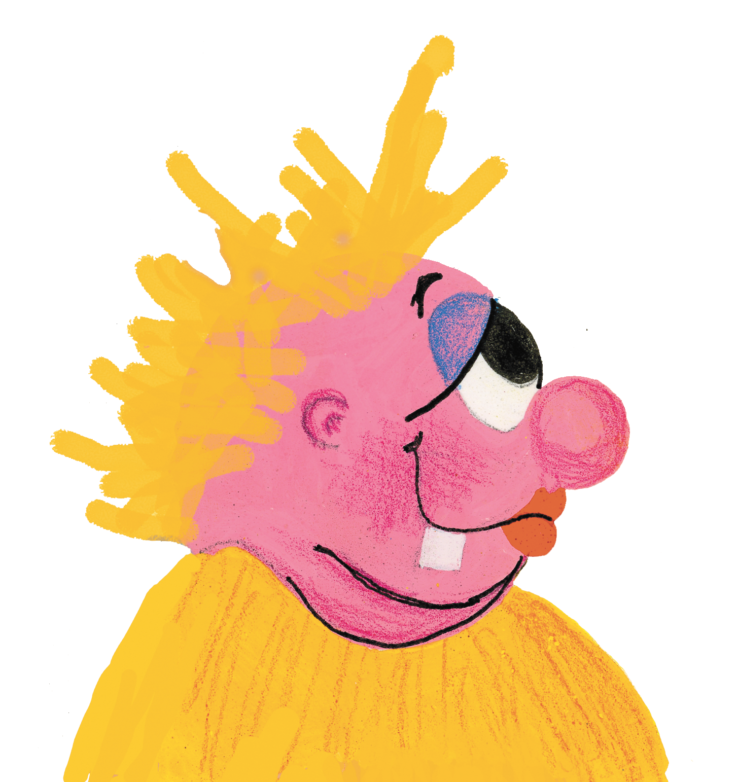 Cartoon troll lady character with pink skin, yellow spiky hair, wearing glasses, and a yellow shirt.