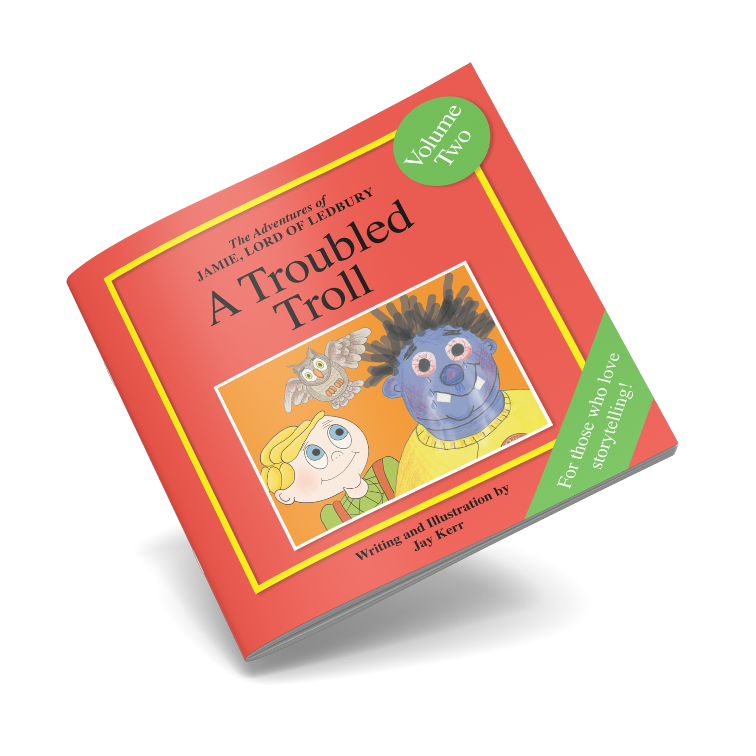 Children's book titled 'A Troubled Troll' with an illustrated cover showing a blue troll with black hair, a girl with blonde hair, and an owl, on a red background.