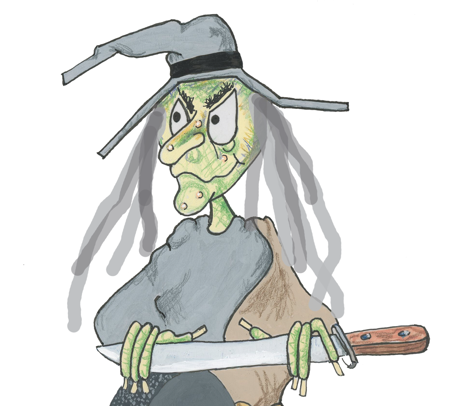 A cartoon illustration of an angry witch with green skin, crooked nose, and long gray hair, wearing a gray hat and cloak, holding a large kitchen knife with a wooden handle.