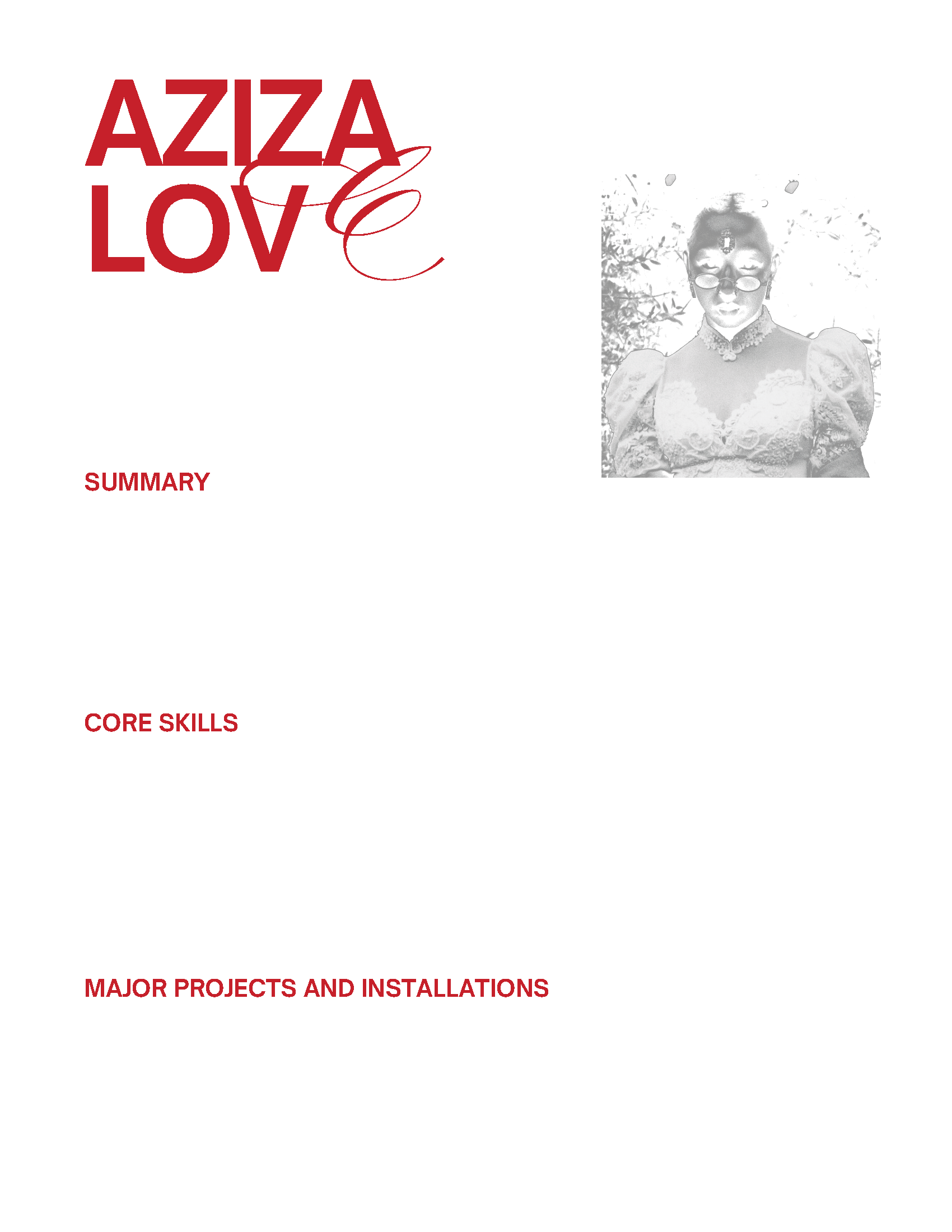 A professional resume featuring the name Aziza Love, with contact information and a black and white portrait of a woman wearing glasses and jewelry, dressed in a white lace top, on a black background with red accents.