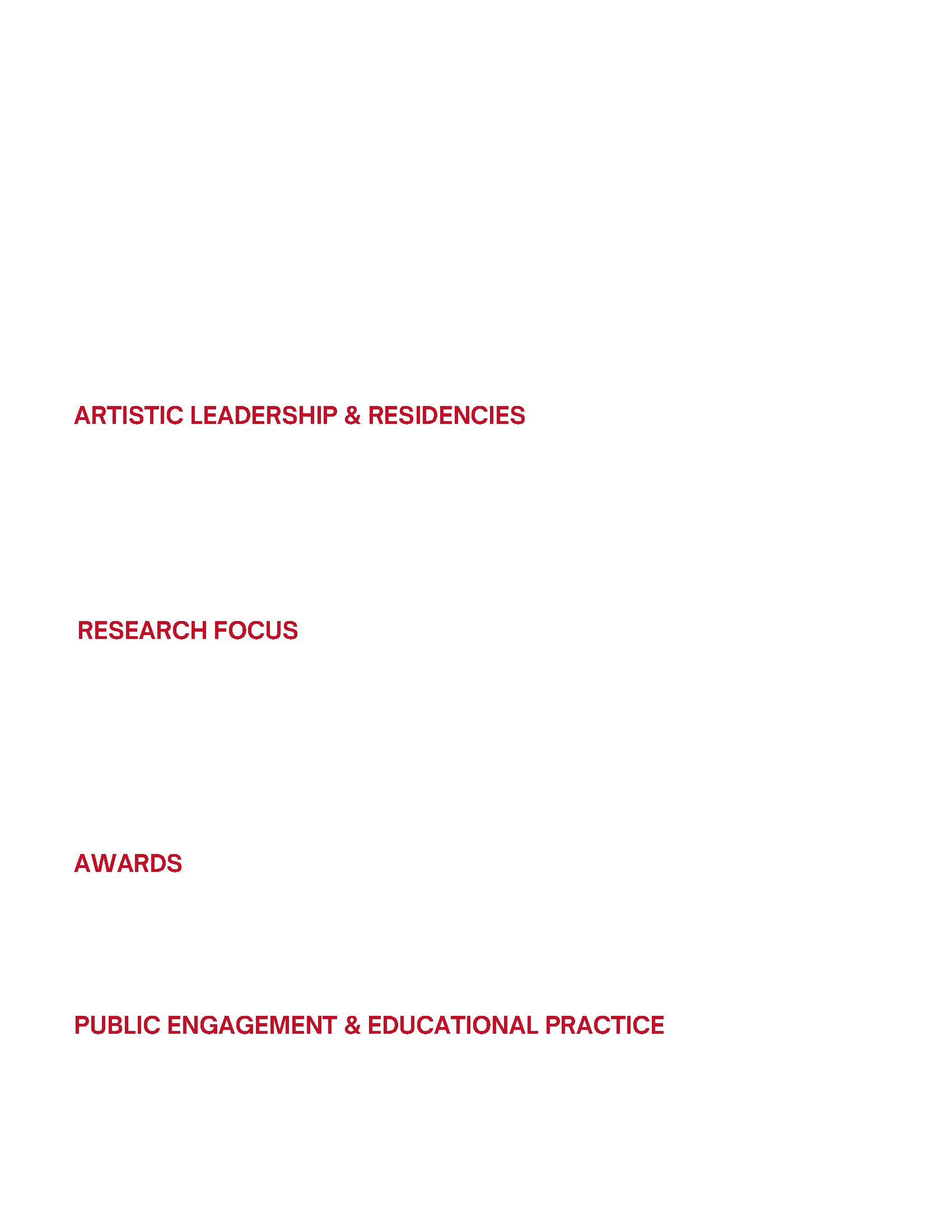 A professional resume highlighting experience as a founder, creative producer, and community organizer with sections on artistic leadership, research focus, awards, and public engagement in music and performance arts.