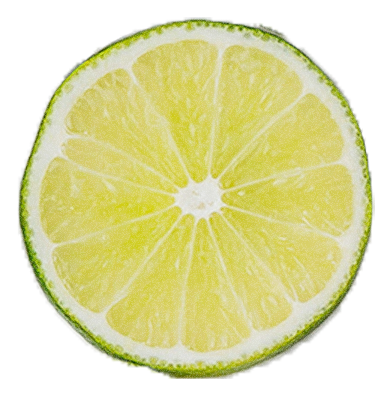 Cross-section of a lemon with bright yellow interior and green rind.